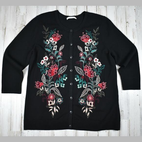 Christopher & Banks black floral embroidered 3/4 sleeve button up cardigan LARGE - Picture 1 of 6